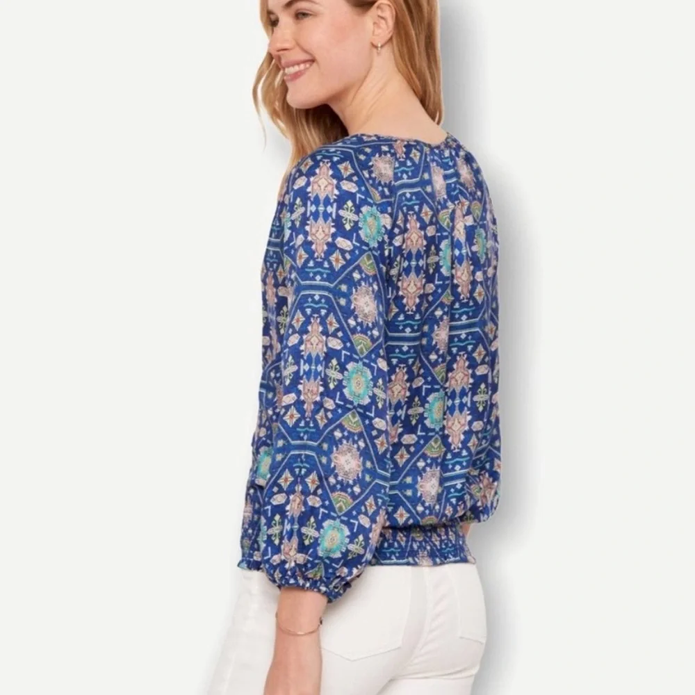 Anthropologie Ecru Weaver Kilim Royal Cobalt Blue Silk Tie Neck Tassel Blouse M
